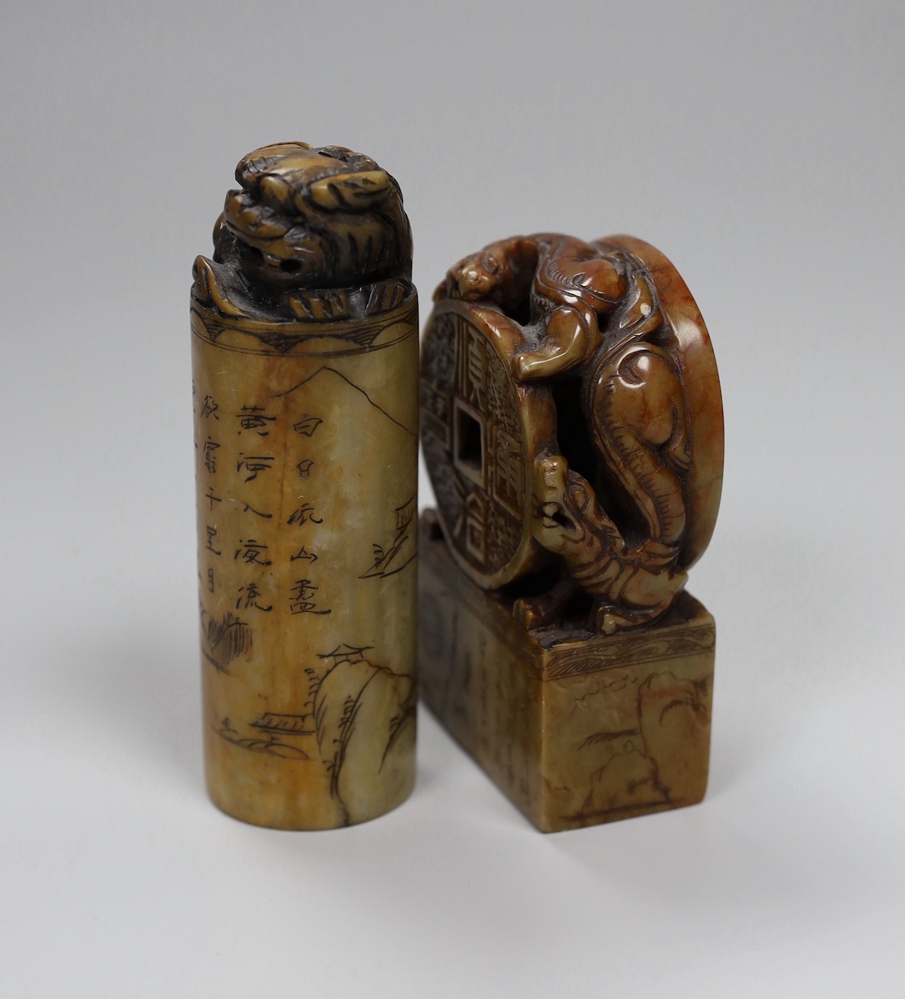 Two large Chinese soapstone seals, early 20th century, tallest 12cm